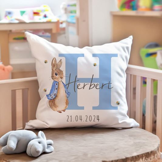 Custom Peter Rabbit Cushion Throw Pillow Case Cover with Name, Personalized Bunny Nursery Decor, New Baby Girl/Boy Gifts, Gifts for Bunny Lovers