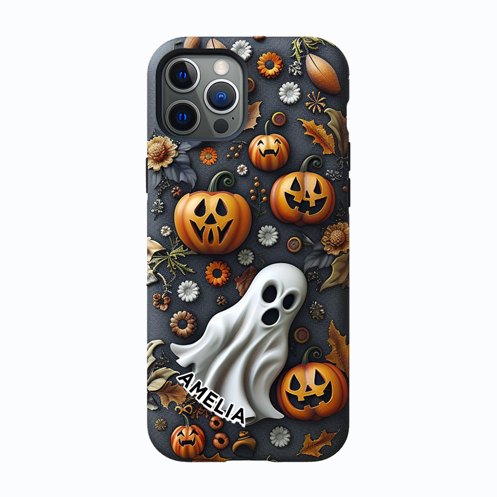Personalized Name Halloween Pumpkin Ghost Phone Case, iPhone, Pixel, Samsung