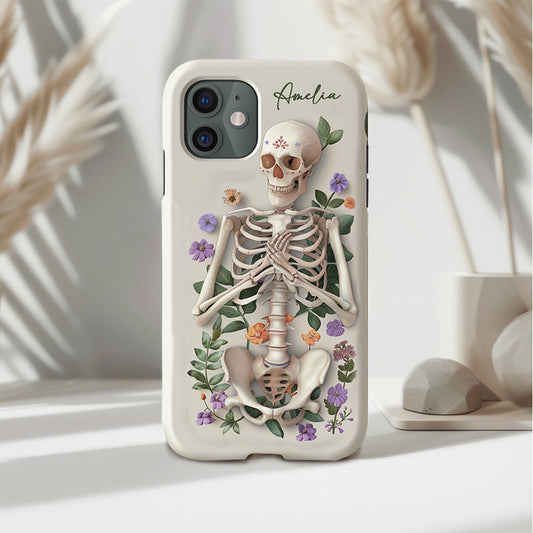 Personalized Name Skeleton Floral Phone Case, Personalized with Name, Unique Halloween Design, iPhone, Pixel, Samsung