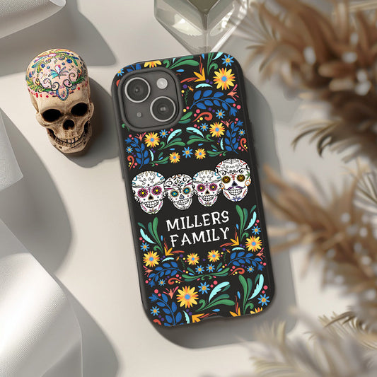 Personalized Family Name Floral Day of the Dead Phone Case, Multiple Styles Available, iPhone, Pixel, Samsung