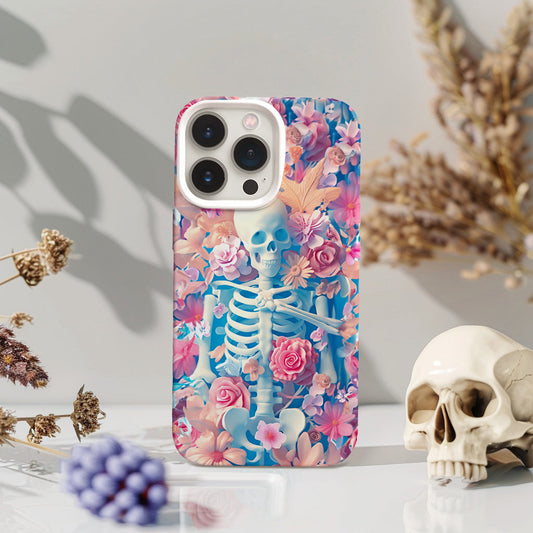 Pastel Skeleton with Pink Flowers Phone Case, Artistic Cover,iPhone, Pixel, Samsung