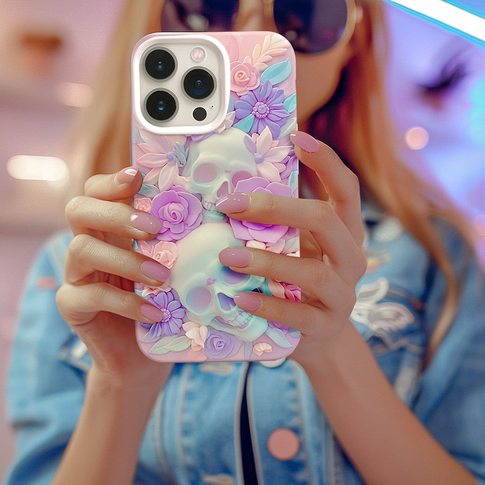 3D Pink Floral Skull Phone Case, Artistic Skeleton Design, for iPhone, Google Pixel, Samsung