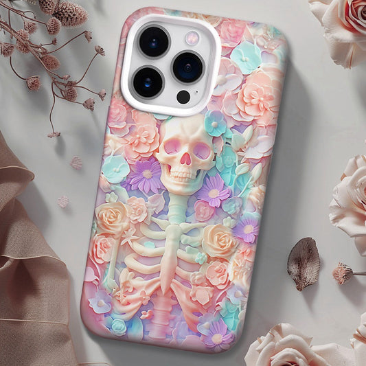 Skeleton and Pink Blooms Phone Case, Dreamy Floral Design,iPhone, Pixel, Samsung