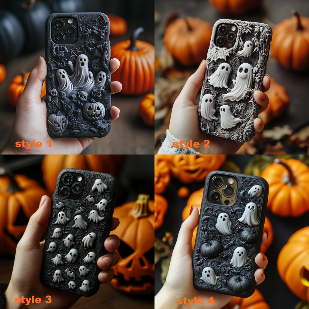 3D Ghost and Pumpkin Halloween Phone Case,Spooky Season Black Design, Multiple Styles for iPhone, Samsung Galaxy