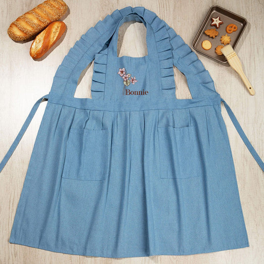 Personalized Birth Flower Ruffle Princess Apron with Pockets, Custom Name Apron for Kitchen/Garden/Nail Salon, Gifts for Chef/Manicurist/Gardener