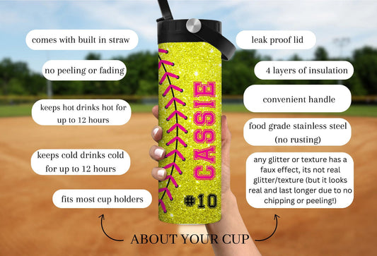 Custom softball team water bottles, Glitter softball tumbler, Gift for softball team, Personalized softball group cups, Bottle with name
