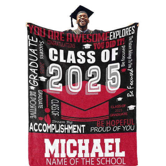 Personalized Multicolor Class of 2025 Bachelor Cap Soft Graduation Flannel Blanket with Text, Graduation Inspirational Gift for Graduates