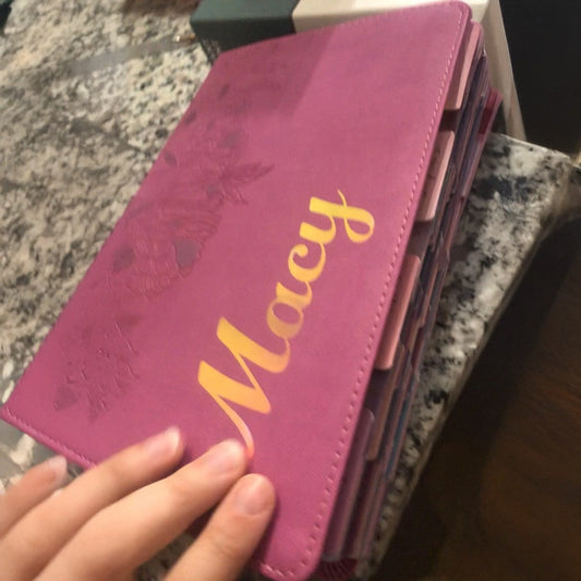 Pink NLT Personal Size Giant Print Holy Bible with Ombre Tabs,Red Letter, Leather Touch with personalized Name