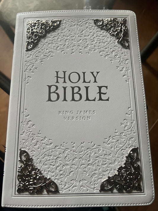 Gorgeous White KJV Holy Bible with Silver Corner Embellishments with Swarovski Crystals , Thinline Large Print Faux Leather