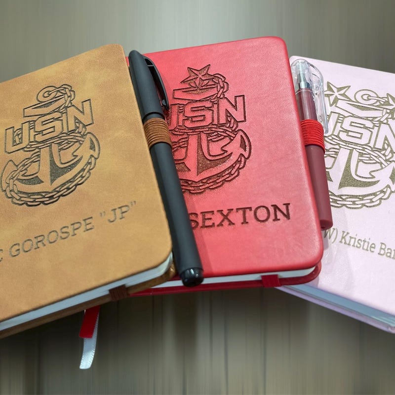 Custom/ Personalized mini Note book with Pen. laser engraved US Navy. Laser Engraved Notebook customized.