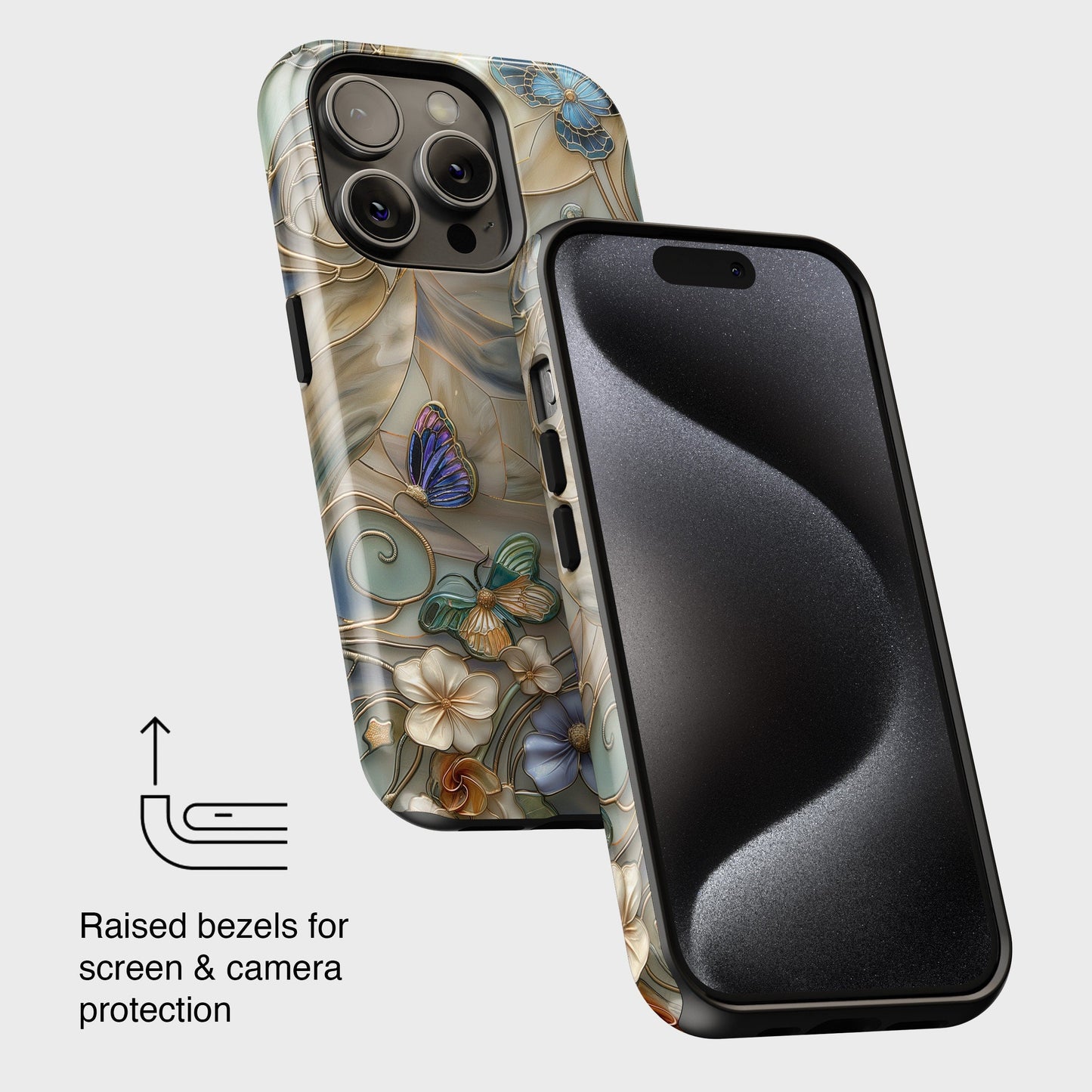 Floral Butterflies Stained Glass Design Phone Case with Magsafe for iPhone 15, 14, 13, 12, 11, XR, XS, Pro, Max, Mini, Flower Phone Case