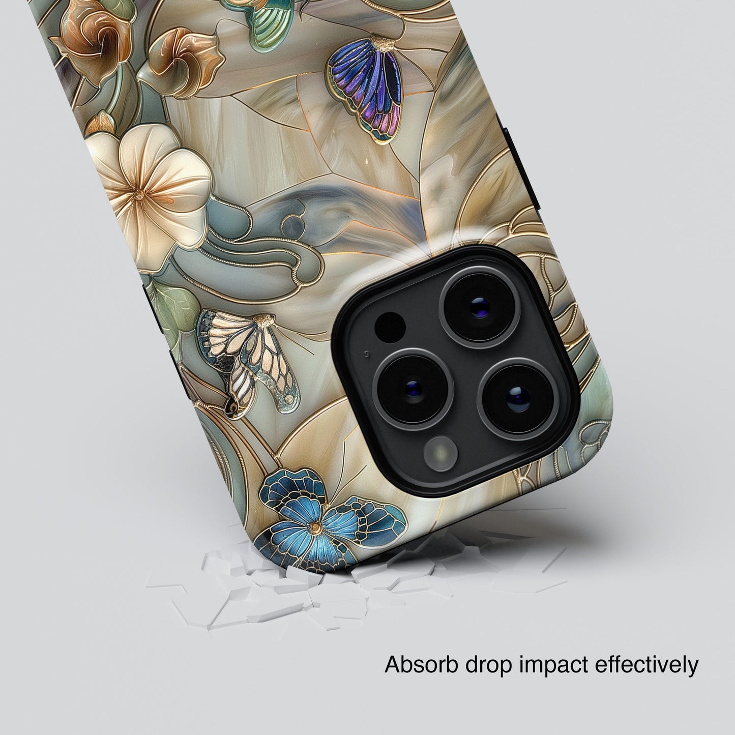 Floral Butterflies Stained Glass Design Phone Case with Magsafe for iPhone 15, 14, 13, 12, 11, XR, XS, Pro, Max, Mini, Flower Phone Case