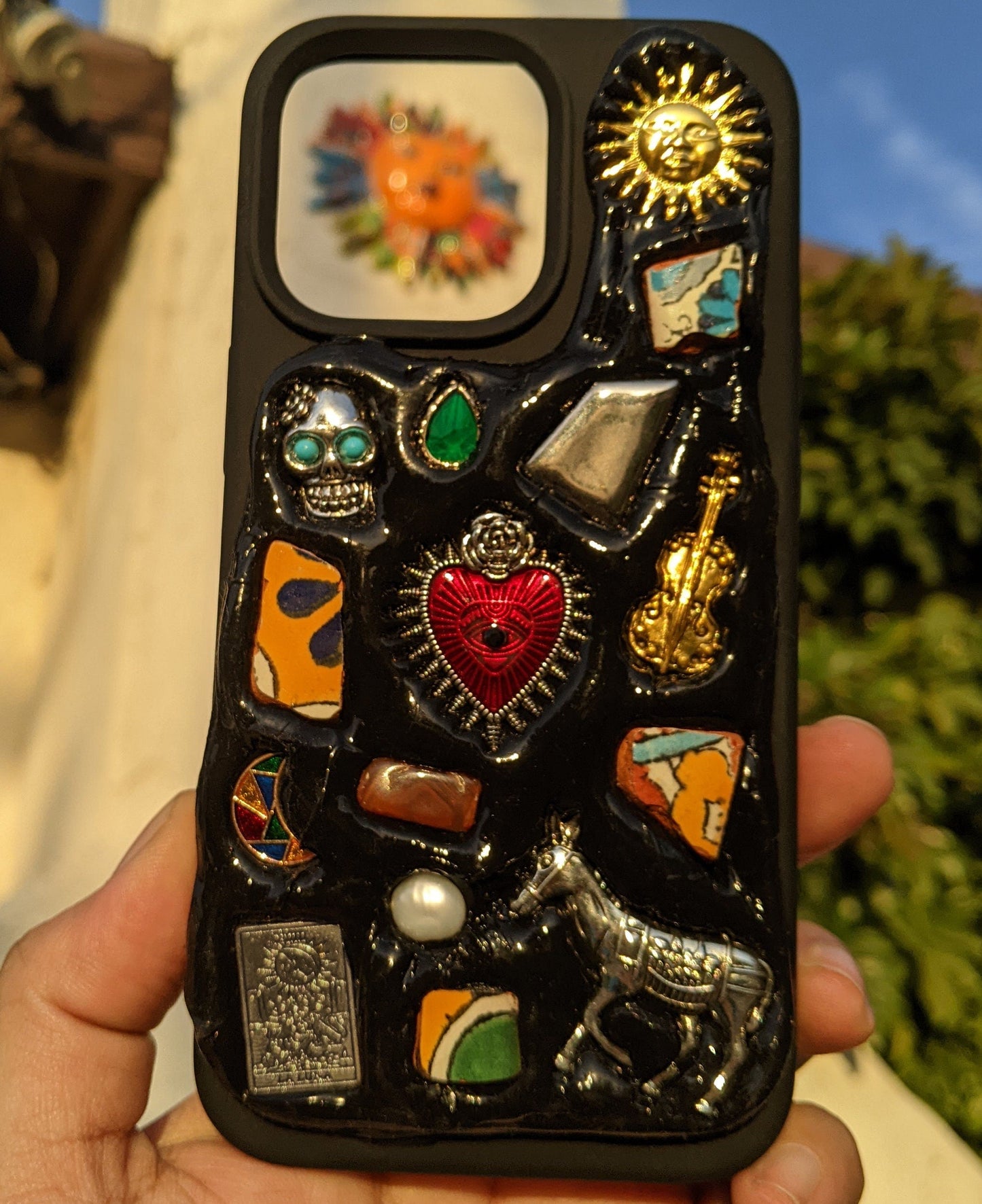 iPhone Phone Case Handmade Decoden Mexican Talavera Mosaic Vintage Jewelry Trinket Milagritos Stone Beige White Black Cover
