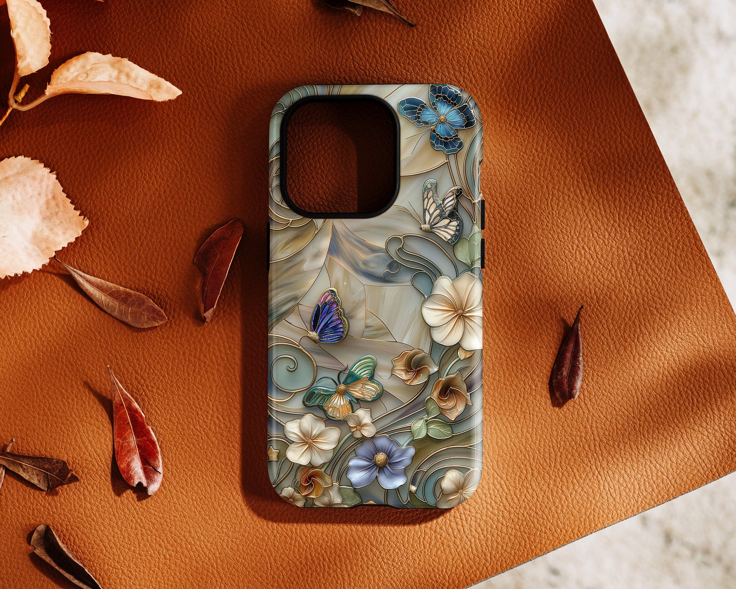 Floral Butterflies Stained Glass Design Phone Case with Magsafe for iPhone 15, 14, 13, 12, 11, XR, XS, Pro, Max, Mini, Flower Phone Case