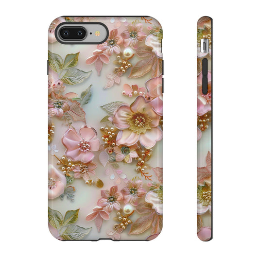 Pink Coquette Floral Lace Collage Phone Case, Faux Embroidered Flowers Pearls Phone Case, iPhone 15 Pro Max, Pixel 8 Pro, Samsung S24 Ultra