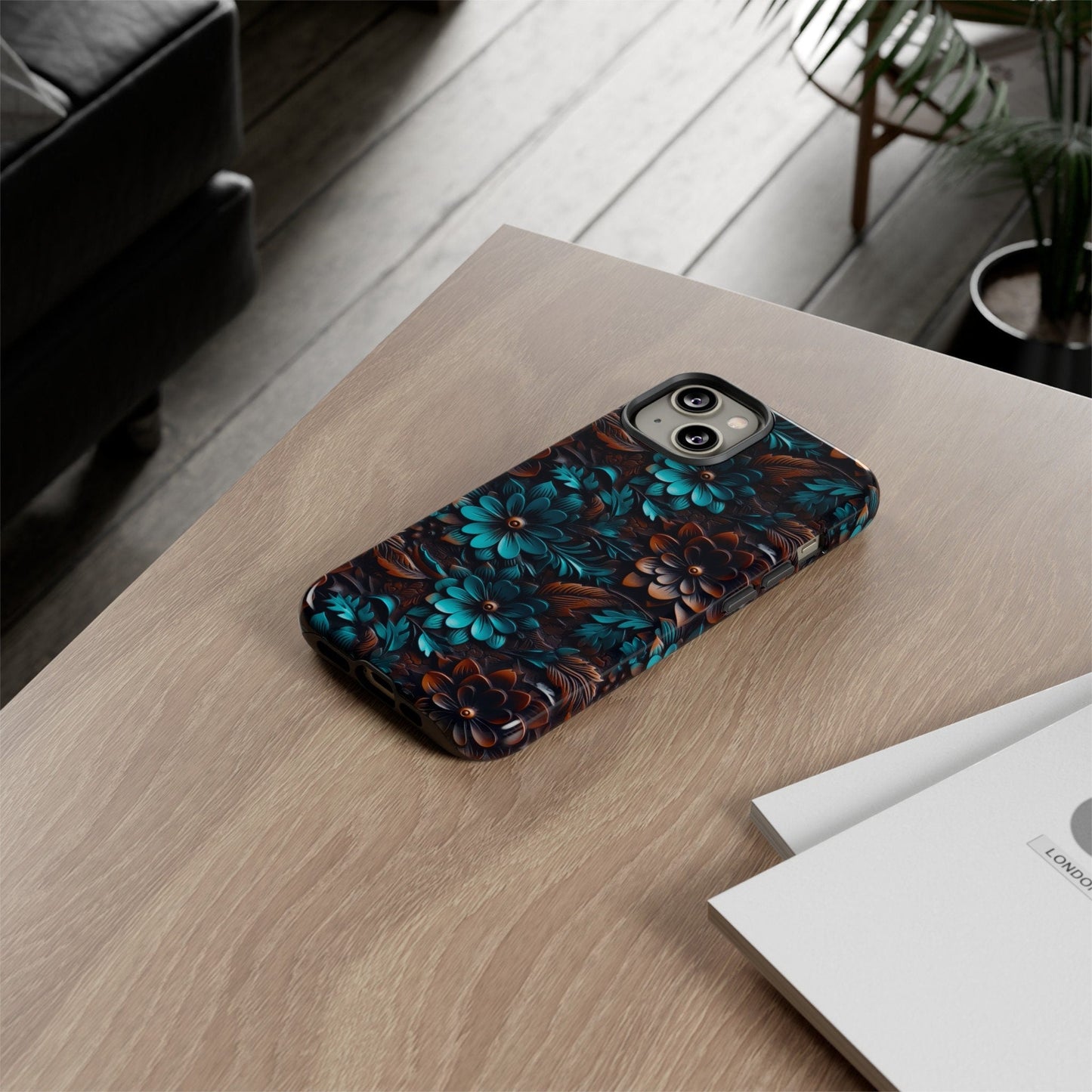 Western Boho Phone Case | Faux Tooled Leather Turquoise Floral Phone Case | Country Leather Phone Cover For iPhone | Samsung | Pixel
