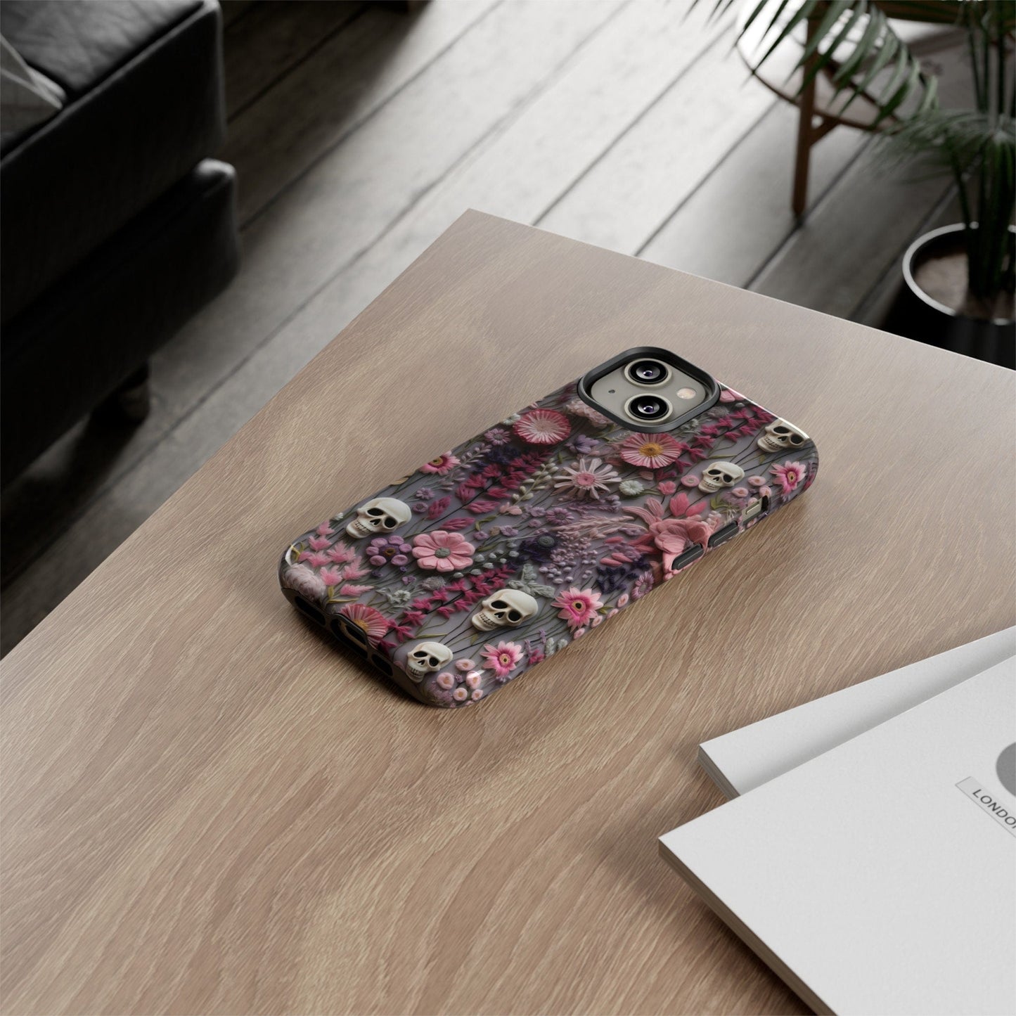 Embroidered Look Floral Skulls Phone Case | Faux Embroidery Dark Academia Skeleton Phone Cover For iPhone | Google Pixel | Samsung Galaxy