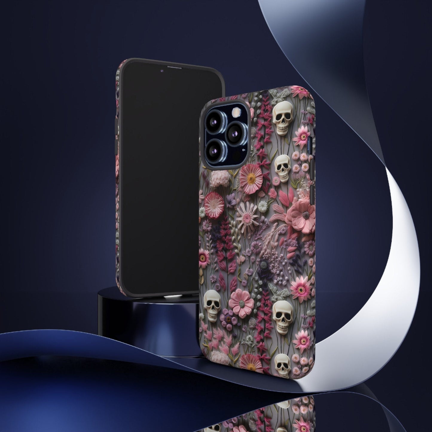 Embroidered Look Floral Skulls Phone Case | Faux Embroidery Dark Academia Skeleton Phone Cover For iPhone | Google Pixel | Samsung Galaxy