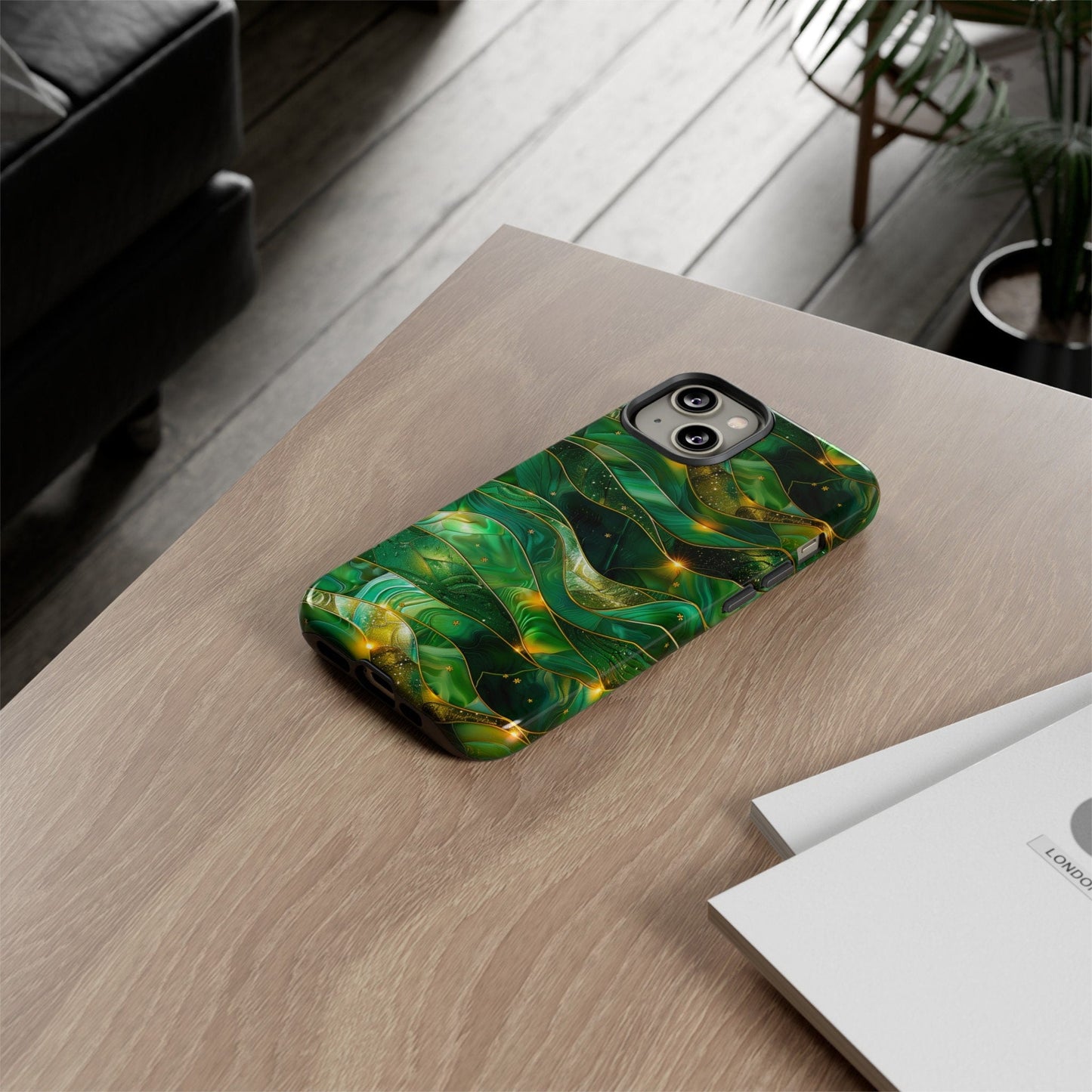 Green Stained Glass Celestial Phone Case | Emerald Gold Faux Stain Glass Stars Phone Cover | iPhone Pro Max | Pixel Pro | Samsung Ultra Plus