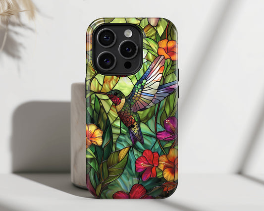 iPhone Case with Colourful Hummingbird Stained Glass Design • Magsafe Phone Case • For iPhone 15, 14, 13, 12, 11, XR, XS, Pro, Max, Mini