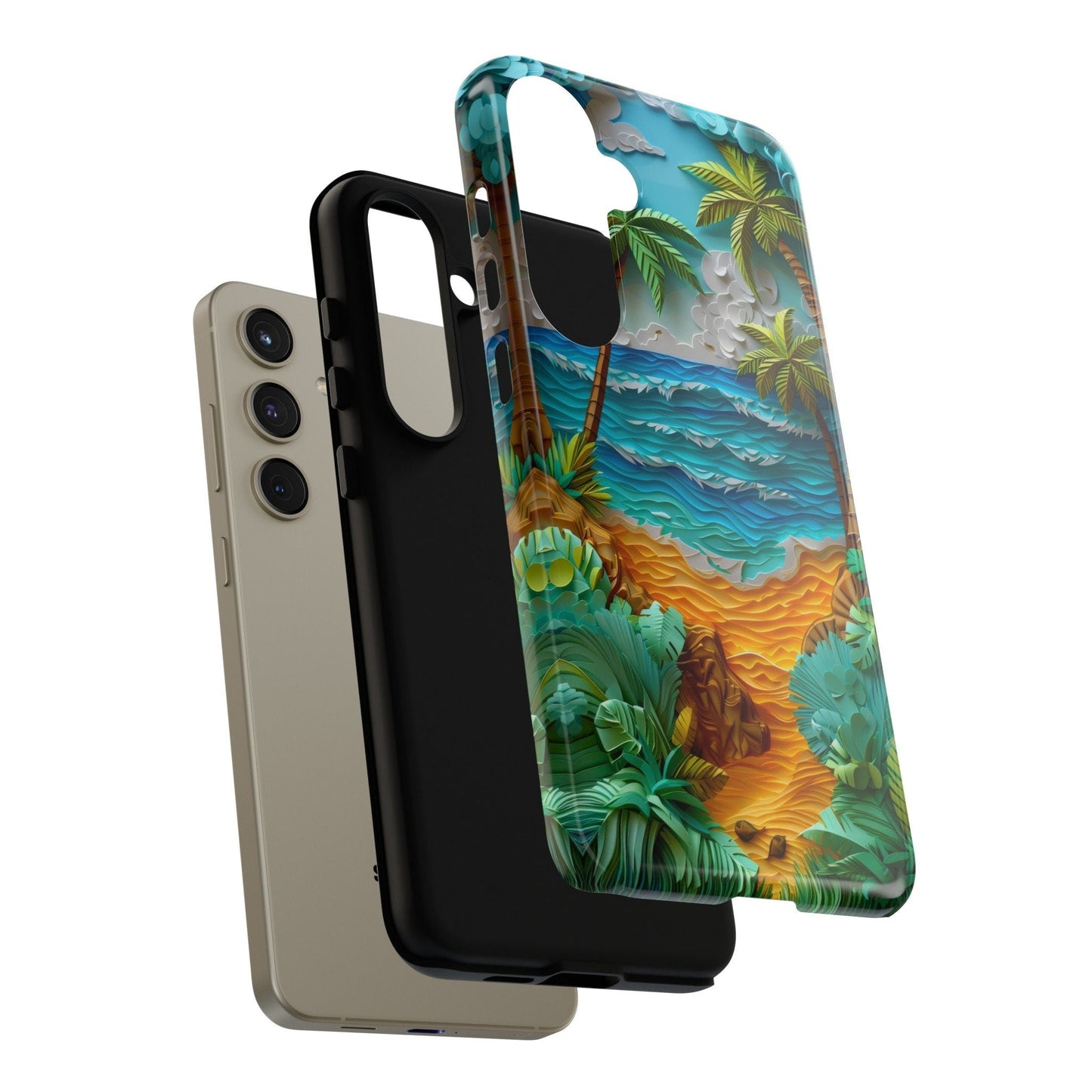 Paper Quilling Sunset Beach Phone Case, Faux Paper Hawaiian Shoreline Wave Design, iPhone 15 14 13 Pro Max, Pixel 8 7, Samsung S24 S23 Ultra