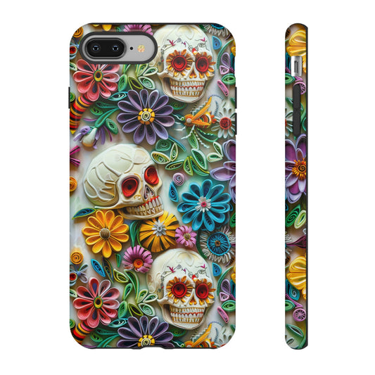 Paper Quilling Floral Skull Phone Case, 3D Faux Paper Gothic Art Design, iPhone 15 14 13 Pro Max Mini, Pixel 8 7, Samsung S24 S23 Plus Ultra