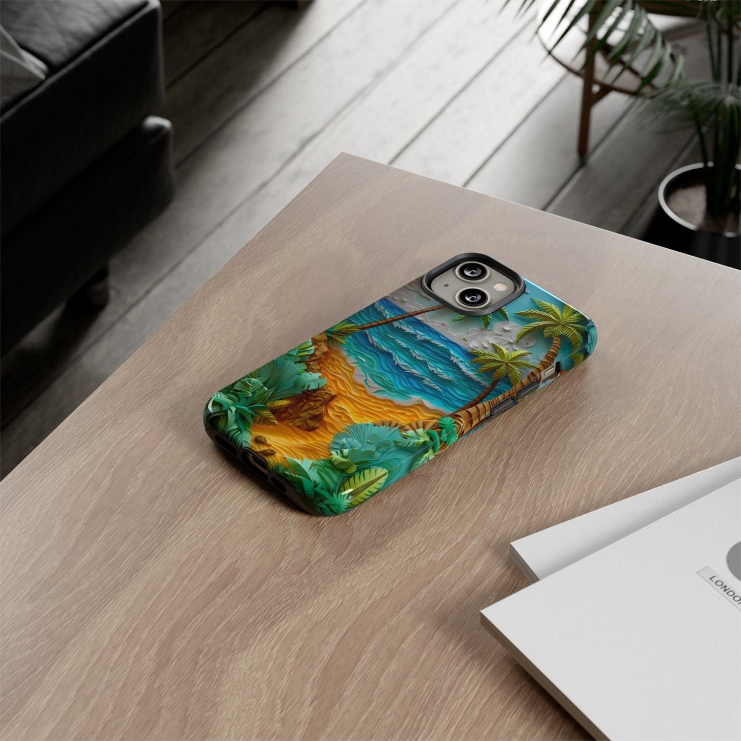 Paper Quilling Sunset Beach Phone Case, Faux Paper Hawaiian Shoreline Wave Design, iPhone 15 14 13 Pro Max, Pixel 8 7, Samsung S24 S23 Ultra