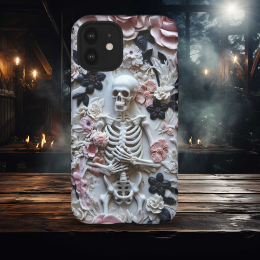 Whimsigoth Skeleton Phone Case, 3D Effect Pink and Black Floral Skeleton, Cute and Spooky Halloween Phone Case, iPhone, Samsung, Pixel