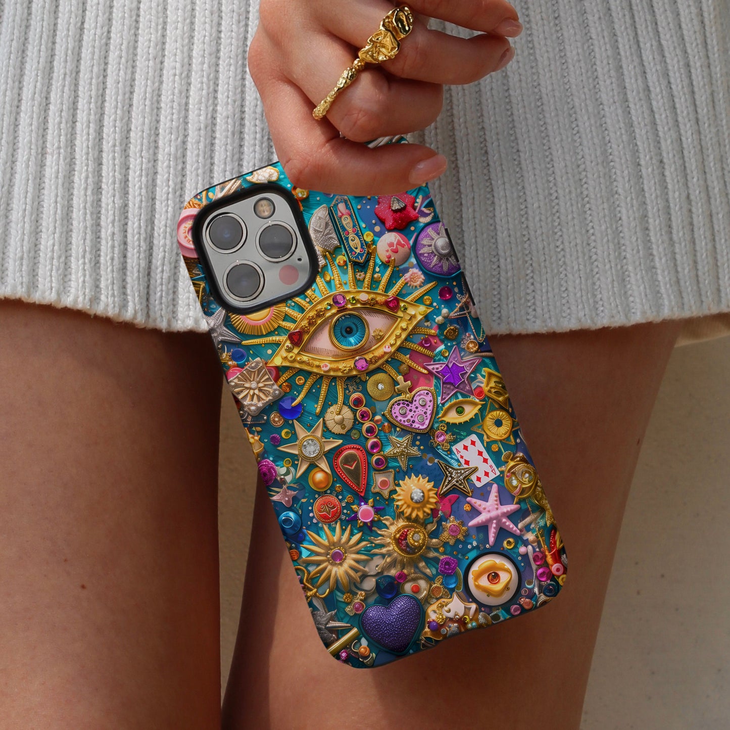 Vintage Mosaic Evil Eye Charm Phone Case, Abstract Trinket Collage Phone Cover for iPhone 15 14 13 12 11, Samsung Galaxy S24 S23 S22 Ultra