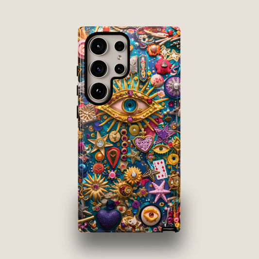 Vintage Mosaic Evil Eye Charm Phone Case, Abstract Trinket Collage Phone Cover for iPhone 15 14 13 12 11, Samsung Galaxy S24 S23 S22 Ultra