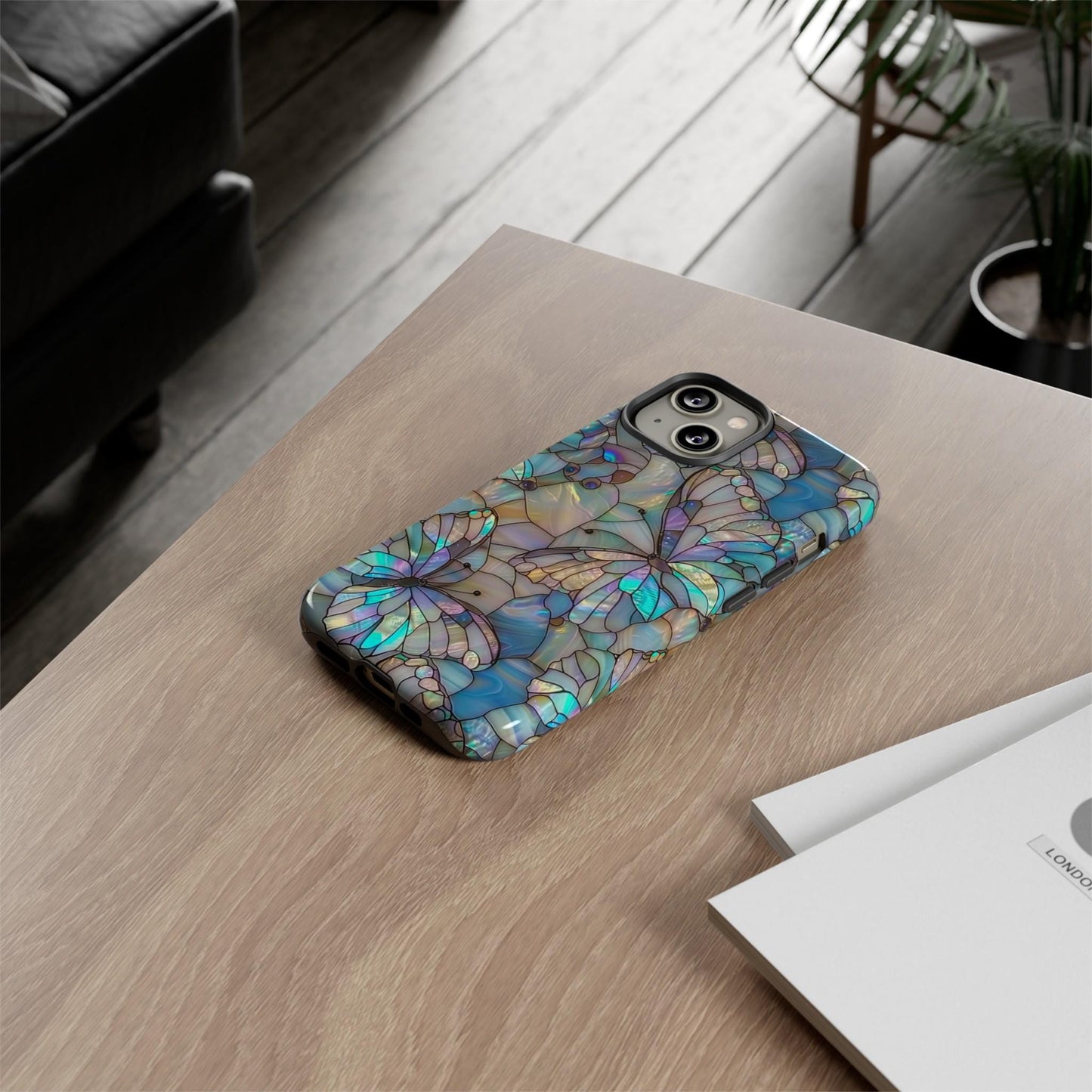 Stained Glass Butterfly Mosaic Phone Case, Stain Glass Look Butterfly Design Phone Cover For iPhone Pro Max, Pixel Pro, Samsung Ultra Plus