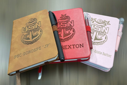 Custom/ Personalized mini Note book with Pen. laser engraved US Navy. Laser Engraved Notebook customized.