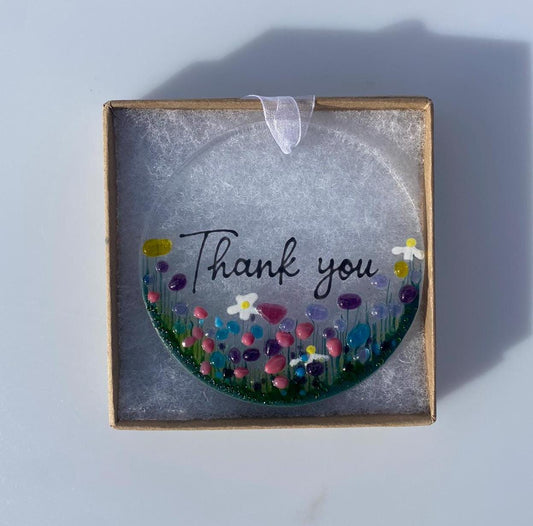Thank You Wildflower Fused Glass Suncatcher Hanging Decoration, ideal for Unique Thank You Gift, Wedding, Bridesmaid, Friend, Teacher