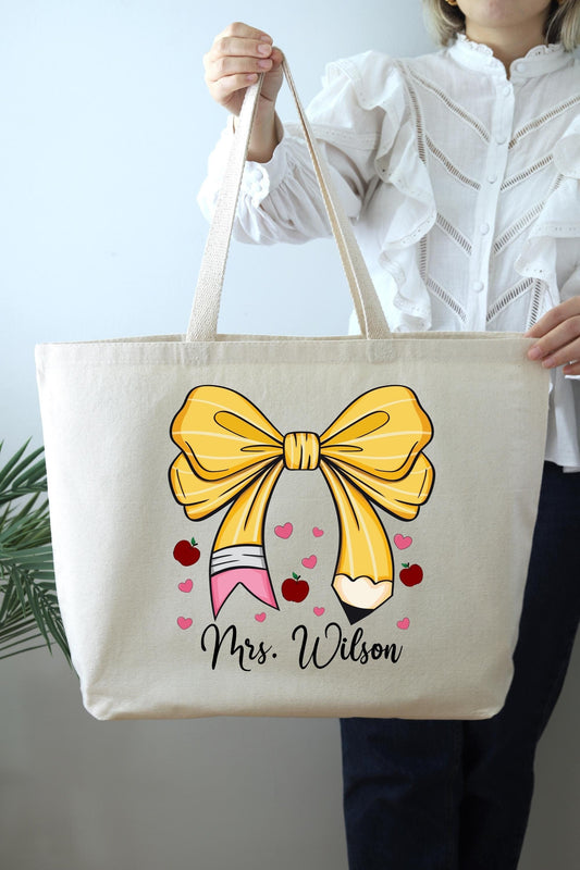 Custom Teacher Name Tote Bag, Pencil Bow Bag, Gift For Teacher, Personalized Teacher Gift, Teacher Gift,, Pencil Bow Bag, Back to School