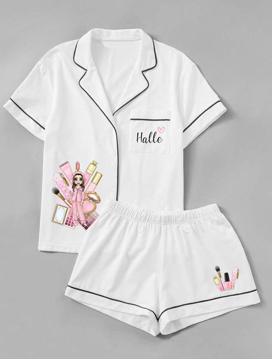Personalised Satin Customisable Pink Makeup Doll Pjs, Personalised P Louise Pyjamas, Personalised Pjs, Birthday Pyjamas for girls