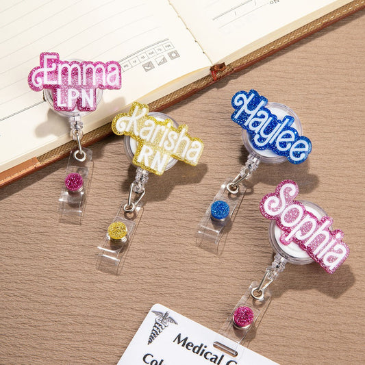 Personalized Name Badge Reel, Custom Pink Doll Font Tags, Acrylic Accessory, Nurses Week Gifts, Gift for Doctors/Medical Students/Teachers
