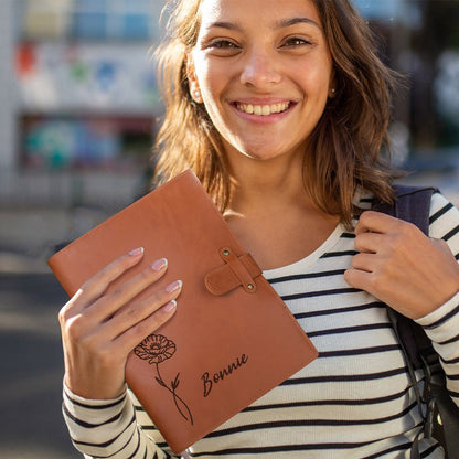 Custom Birth Flower Leather Sketchbook Cover, Traveler's Notebook Sketch Pad Case, Portable Stationery Drawing Pencils Organizer, Gift for Artist