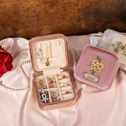 Personalized Birth Flower Velvet Jewelry Case, Custom Name Travel Jewelry Box, Bridal Party Favor, Birthday/Wedding/Anniversary Gift for Women