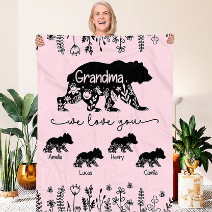 Personalized Mama Bear Flannel Fleece Blanket with Kids' Names, Soft Cozy Throw for Bed Couch, Birthday/Christmas/Mother's Day Gift for Mom/Grandma