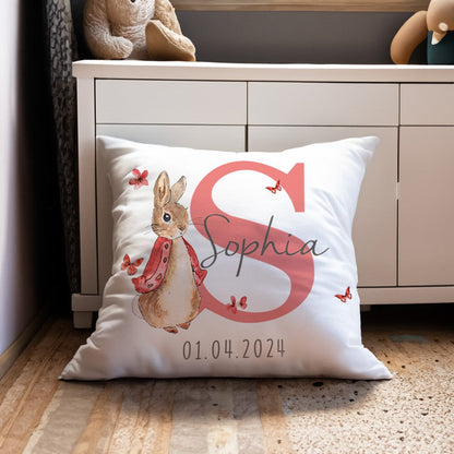 Custom Peter Rabbit Cushion Throw Pillow Case Cover with Name, Personalized Bunny Nursery Decor, New Baby Girl/Boy Gifts, Gifts for Bunny Lovers