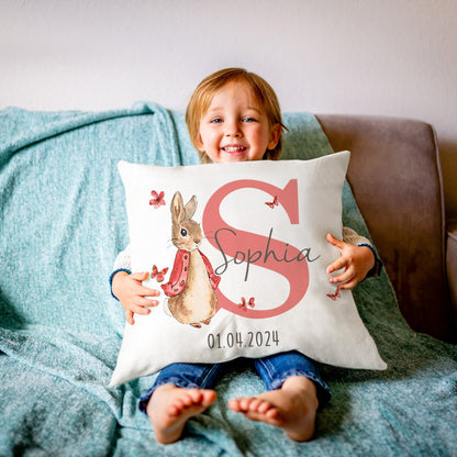 Custom Peter Rabbit Cushion Throw Pillow Case Cover with Name, Personalized Bunny Nursery Decor, New Baby Girl/Boy Gifts, Gifts for Bunny Lovers
