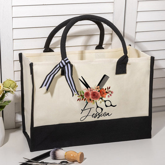 Personalized Floral Hair Stylist Tote Bag with Name, Custom Large Canvas Cosmetology Handbag, Professional Gift for Hairdresser/Hairstylist/Hairapist
