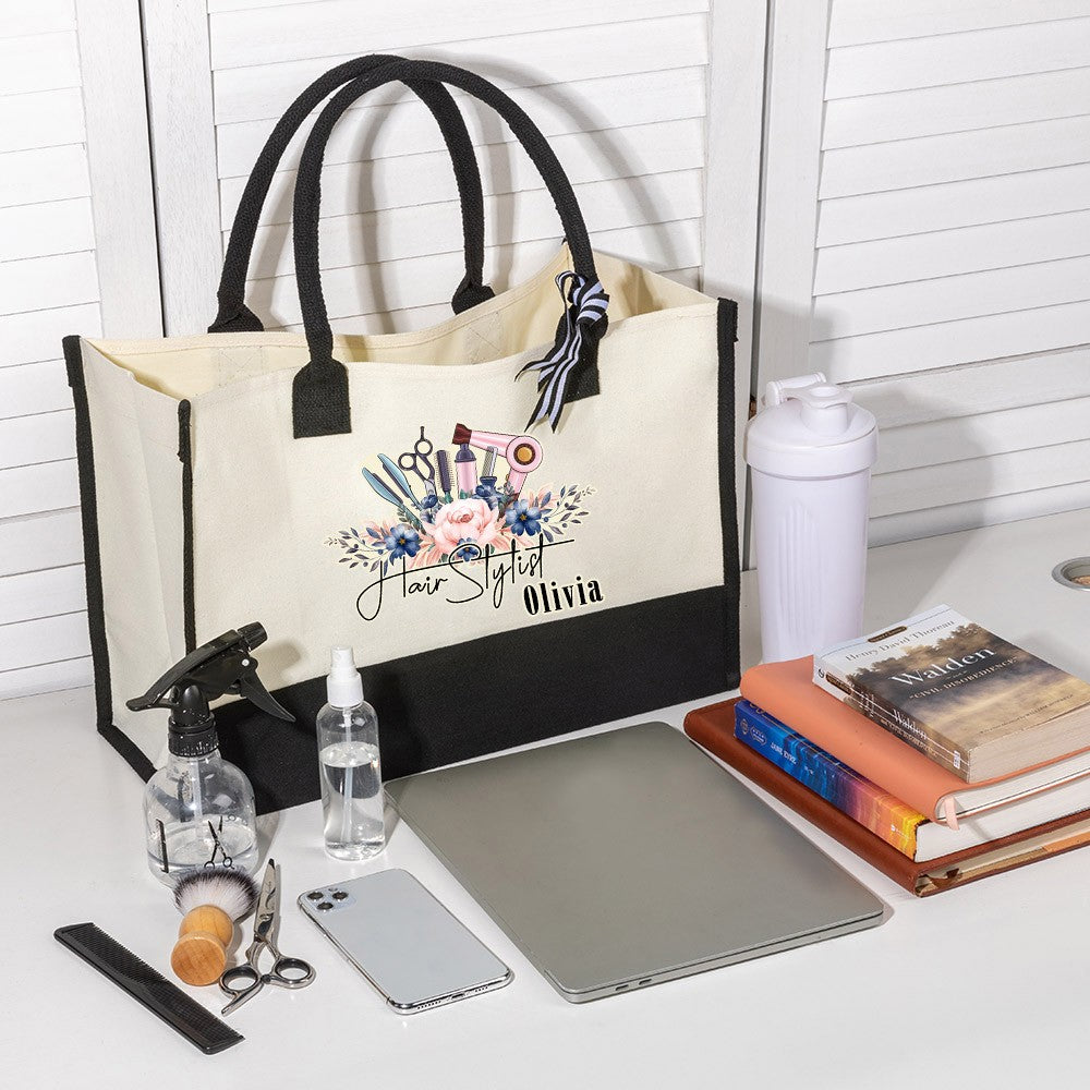 Personalized Floral Hair Stylist Tote Bag with Name, Custom Large Canvas Cosmetology Handbag, Professional Gift for Hairdresser/Hairstylist/Hairapist