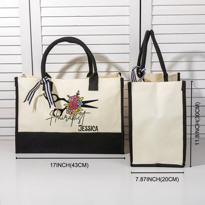 Personalized Floral Hair Stylist Tote Bag with Name, Custom Large Canvas Cosmetology Handbag, Professional Gift for Hairdresser/Hairstylist/Hairapist
