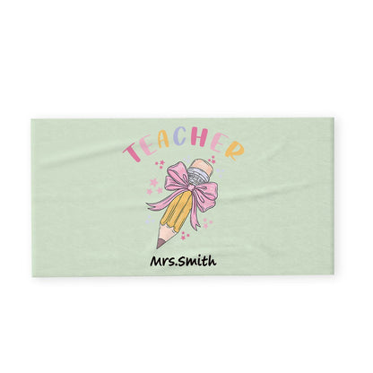 Personalized Pink Coquette Bow Pencil Beach Towel with Teacher's Name, Teacher's Soft Towel, Teacher's Day/Appreciation/Christmas Gift for Teachers