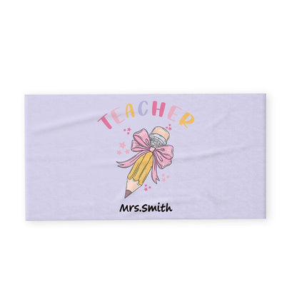 Personalized Pink Coquette Bow Pencil Beach Towel with Teacher's Name, Teacher's Soft Towel, Teacher's Day/Appreciation/Christmas Gift for Teachers