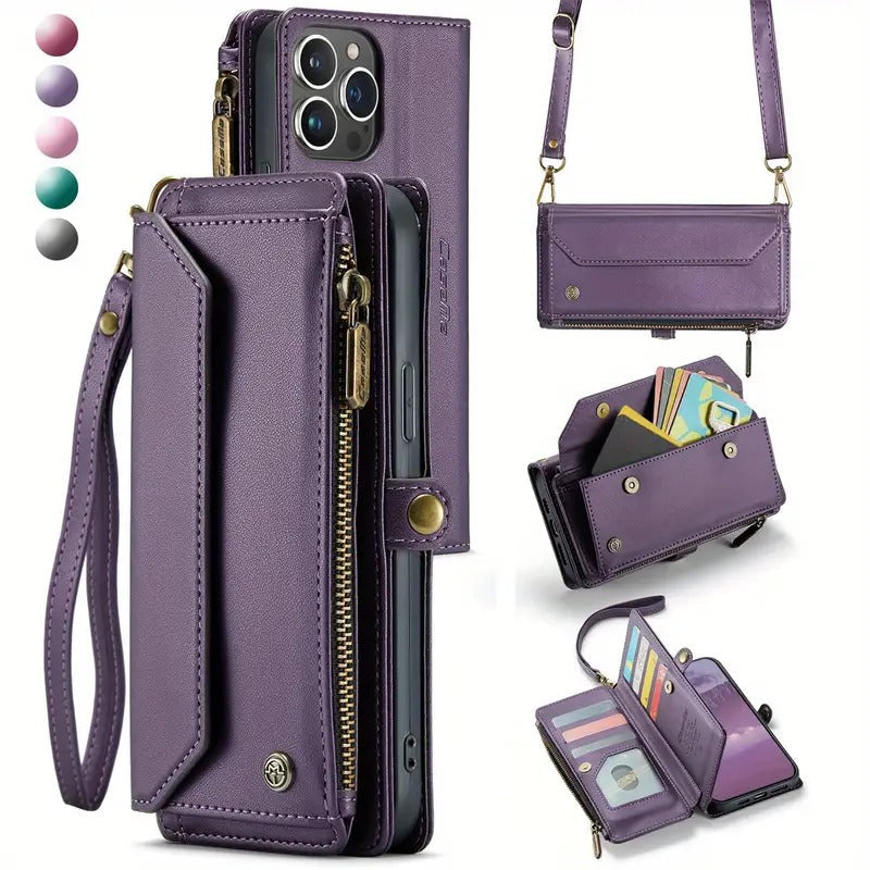 Premium Leather Wallet Phone Case with Wireless Charging & RFID Blocking, Crossbody Phone Cover with Card Holder, Flip Folio Design for iPhone/Xiaomi/Samsung Galaxy