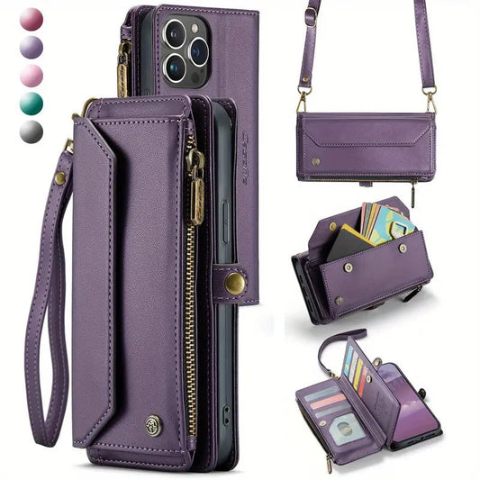 Premium Leather Wallet Phone Case with Wireless Charging & RFID Blocking, Crossbody Phone Cover with Card Holder, Flip Folio Design for iPhone/Xiaomi/Samsung Galaxy