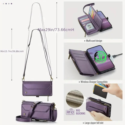 Premium Leather Wallet Phone Case with Wireless Charging & RFID Blocking, Crossbody Phone Cover with Card Holder, Flip Folio Design for iPhone/Xiaomi/Samsung Galaxy