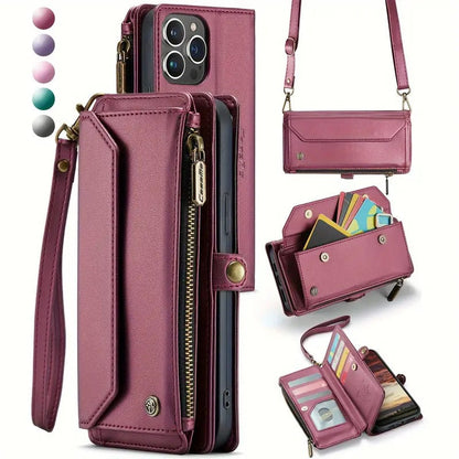 Premium Leather Wallet Phone Case with Wireless Charging & RFID Blocking, Crossbody Phone Cover with Card Holder, Flip Folio Design for iPhone/Xiaomi/Samsung Galaxy